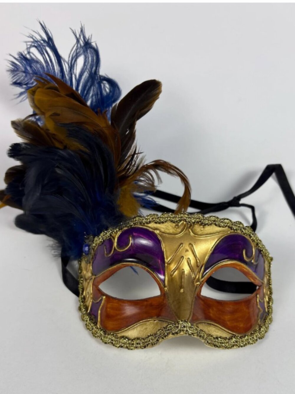 Vintage Mardi Gras Feather Mask | Hand Painted Paper Mâché Masquerade Mask